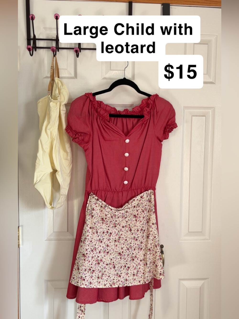 Girls' Pink Puff-Sleeve Dress with Floral Apron